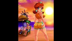 1boy 1boy1girl 1girls alternate_version_available animated ass beach bikini blue_shorts butt clothed/nude clothed_male_nude_female green_cap luigi luigi's_mansion mario_(series) nintendo ocean orange_shorts orange_thong princess_daisy seaside sigurdhosenfeld slideshow super_mario_bros. super_mario_sunshine swimsuit swimwear video