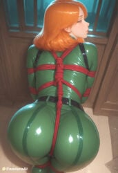 1girl absurd_res ai_generated artist_name artist_upload ass ass_focus bdsm belt bodysuit bondage bound breasts crotch_rope from_behind green_bodysuit green_eyes hi_res indoors latex_bodysuit long_hair looking_at_viewer looking_back more_at_source orange_hair pandora patreon patreon_username red_rope rope sam_(totally_spies) self_upload shibari shibari_over_clothes skin_tight solo totally_spies uncensored watermark