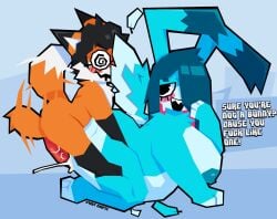 1boy 1girls anthro anthro_on_anthro big_breasts big_penis black_hair blue_body blue_fur blue_hair blush brandfinn-furry_(just_brandfinn) breasts bunny_girl chubby chubby_female female fox lagomorph male nottpinataland oc orange_body orange_fur original_character penetration penis sex text wings