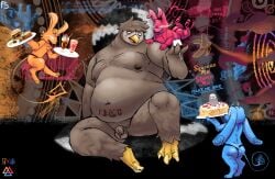 anthro avian balls beak belly belly_tattoo beverage bird blue_body body_hair brown_body burger butt chest_hair colored dole_(fennecusspes) dopa_(fennecusspes) english_text facial_tuft fake_food fennecusspes flaccid food genitals group hi_res imp male male/male moobs navel nipples nude open_beak open_mouth orange_body orin_owl overweight overweight_male owl penis red_body semi-anthro service sitting size_difference small_penis smaller sol_(fennecusspes) tail tattoo text tuft