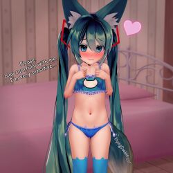 1girls 3d 3d_(artwork) 4k animal_ears anime_style aqua_eyes aqua_hair bedroom belly belly_button blush bra breasts cat_keyhole_bra cat_lingerie chocker choker closed_mouth collar collar_bell cute cute_female female female_focus female_only fluffy fluffy_tail flyingcookie fox_ears fox_girl fox_tail hatsune_miku heart kemonomimi koikatsu long_hair looking_at_viewer open_eyes oppai panties petite petite_body petite_female shy small_breasts standing stockings text twintails uncensored vocaloid watermark