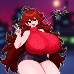 1girls ahoge arrow arrow_(symbol) background black_eyes blurred_background breasts english_text female friday_night_funkin girlfriend_(friday_night_funkin) hair huge_breasts long_hair mouth_open peace_sign red_hair simple_eyes spintopple text thick_thighs thighs