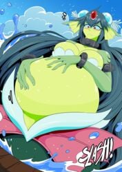 after_vore big_belly big_breasts blush bubble cleavage clouds collar detailed_buldge fat female female_pred giantess giga_mermaid green_hair green_skin huge_belly jellyfish larger_pred long_hair monster_girl navel overweight predator predator/prey shantae shantae:_half-genie_hero shell_bikini slightly_chubby stomach_bulge struggle struggling struggling_prey swallowed tagme unwilling unwilling_prey vale-city vore wet willing willing_vore