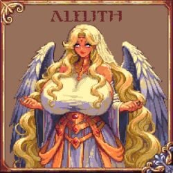 1girls barefoot big_breasts blonde_hair blue_eyes breasts character_name female fully_clothed gigantic_breasts goddess huge_breasts long_hair looking_at_viewer original pixel_art thepixelartboy thick_thighs very_long_hair wings