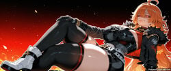1girl ahoge ai_assisted ai_generated bangs belt black_gloves black_legwear boots breasts cleavage closed_mouth crossed_legs curvaceous curvy curvy_female curvy_figure earrings female fur_trim genshin_impact gloves hair_between_eyes high_heels jewelry large_breasts long_hair looking_at_viewer mavuika_(genshin_impact) miyuai orange_hair red_eyes sitting smile solo thick thick_ass thick_butt thick_hips thick_legs thick_thighs thighhighs thighs voluptuous voluptuous_female wide_hips wide_thighs