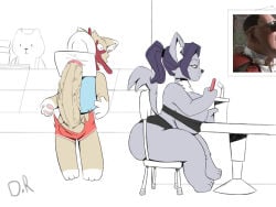 1boy 1girls anthro ass balls breasts canine canine_humanoid cum drink erect_penis erection female female_focus funny fur furry grey_fur hips hyper_penis large_ass large_balls large_breasts large_penis male male_focus mostly_nude mostly_nude_female mrbrickeater paws penis ponytail precum red_eyes semen shorts sudden_erection tan_fur thick_thighs thighs veiny_penis wide_hips wolf