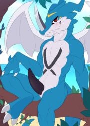 2023 3_claws 3_toes abs anthro bandai_namco beach biped black_markings black_penis blade blue_body blue_sky branch claws day detailed_background digimon digimon_(species) digital_media_(artwork) digitigrade erection exveemon facial_horn facial_markings feet forehead_markings front_view genitals head_markings hi_res horn in_tree leaf looking_at_viewer male male_anthro markings meraence metal multicolored_body muscular muscular_anthro muscular_male nose_horn nude nude_anthro nude_male on_branch outside penis plant red_eyes sand sea seaside sky smile smiling_at_viewer solo tapering_penis teeth toes torso_markings tree water white_body white_claws white_wings wings yellow_markings