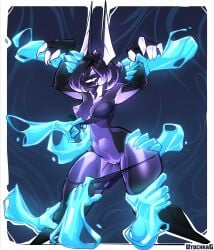 bat_ears bra_lift bra_pull cross_pupils disembodied_hand female female_only forced forced_exposure furry hairless_pussy hand_on_hip holding holding_hands holding_legs medium_breasts medium_hair one_breast_out original_character pulling_panties purple_body sharp_fingernails thick_thighs utochkag
