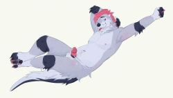 2024 anthro balls black_body black_fur blep blue_eyes bodily_fluids cum cum_on_leg cum_on_self erection fur genital_fluids genitals grey_body grey_fur hair hand_behind_head hi_res humanoid_genitalia humanoid_penis male male_anthro mammal mustelid nude nude_anthro nude_male olive_(xylious) otter penis pink_hair pink_penis precum precum_string remulle_(artist) simple_background solo tail teeth tongue tongue_out whisker_spots white_background