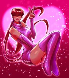 1girls big_breasts king_of_fighters light-skinned_female light_skin long_hair red_hair shadowst4rs shermie_(kof) shiny_clothes shiny_skin skirt smiling twintails