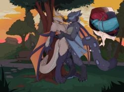 2026 animal_genitalia anthro arm_around_back arm_around_neck bench bodily_fluids capcom digital_media_(artwork) duo exhibitionism felid flying_wyvern genital_fluids genitals glint_(character) grinding hi_res hug ittybittykittytittys male male/male mammal monster_hunter nargacuga pantherine park park_bench peeing peeing_in_sheath peeing_inside penetration penis_in_sheath public public_sex sex sheath sheath_penetration sheath_play snow_leopard tukk_ordo urine watersports