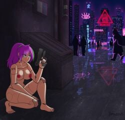 2d 2d_(artwork) android android_girl areolae barcode barcode_tattoo boobs boobs_out breasts breasts_out cute cute_face cyberpunk cyberpunk_girl futuristic green_eyes gun hiding naked naked_female neck_tattoo nipples nude nude_female oc original original_character pink_hair pink_nipples pistol pistol_in_hand ponytail public public_exposure public_nudity ramahdraws robot robot_girl robot_humanoid robotic robotic_limb sci-fi science_fiction shoulder_tattoo tattoo tattooed_shoulder tattoos