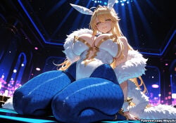 1girl ahoge ai_assisted ai_generated animal_ears artoria_pendragon_(all) artoria_pendragon_(fate) artoria_pendragon_(swimsuit_ruler) artoria_pendragon_(swimsuit_ruler)_(fate) bangs bare_shoulders blonde_hair blue_legwear blue_neckwear blush braid breasts bunny_ears bunnysuit cleavage curvaceous curvy curvy_female curvy_figure detached_collar fate_(series) feather_boa female fishnet_legwear fishnets french_braid green_eyes hair_between_eyes high_heels highleg highleg_leotard large_breasts leotard long_hair looking_at_viewer miyuai navel_cutout necktie pantyhose ponytail sidelocks sitting smile solo thick thick_ass thick_butt thick_hips thick_legs thick_thighs thighs voluptuous voluptuous_female white_leotard wide_hips wide_thighs wrist_cuffs