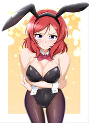 1girls animal_ears black_leotard blush bow bowtie bunny_ears bunny_girl cleavage detached_collar embarrassed female female_only fishnet_legwear fishnets fully_clothed kirisaki_reina large_breasts leotard looking_at_viewer love_live! love_live!_school_idol_project nishikino_maki pantyhose playboy_bunny purple_eyes red_hair revealing_clothes short_hair simple_background solo strapless tight_clothing wrist_cuffs