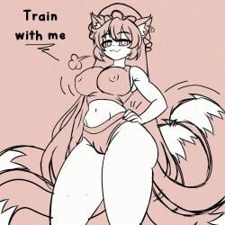 1girl :3 aged_up animal_ear_fluff animal_ears breasts bright_pupils buruma cameltoe cat_ears cat_girl cat_tail chen closed_mouth commentary covered_nipples curvy earrings english_commentary english_text groin hat jewelry large_breasts long_hair looking_at_viewer mob_cap monochrome multiple_tails navel puff_of_air rui_hill simple_background single_earring solo sports_bra tail touhou