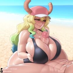 1boy 1boy1girl 1girls ai_generated beach big_breasts breasts breasts_bigger_than_head busty cfnm cleavage clothed clothed_female clothed_female_nude_male clothing female hourglass_figure huge_breasts lucoa male mature_female milf miss_kobayashi's_dragon_maid one-piece_swimsuit paizuri quetzalcoatl_(dragon_maid) revealing_clothes self_upload sleen smile smiling straight swimsuit titjob voluptuous voluptuous_female