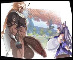 aether_(genshin_impact) alternate_muscle_size aomokoka bottomless dark-skinned_male genshin_impact hyper_balls hyper_breasts hyper_penis imminent_sex keqing_(genshin_impact) muscular_male size_difference