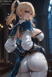 1girl ai_generated artist_name ass ass_focus back bangs black_bow black_gloves blonde_hair blue_capelet blue_eyes blurry_background blush bow breasts capelet clothing corset cowboy_shot cross cross_earrings detached_sleeves earrings female from_behind gauntlets genshin_impact gloves grin hair_between_eyes hair_bow hair_ornament huge_ass indoors jean_(genshin_impact) jean_gunnhildr jewelry large_breasts long_hair long_sleeves looking_at_viewer looking_back pants ponytail sideboob sidelocks smile solo thighs tight_clothes tight_pants vantawaifu white_pants window