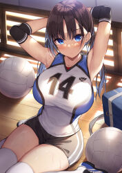 1girl armpits arms_behind_head arms_up bag ball black_shorts blue_eyes blush breasts brown_hair closed_mouth commentary_request double_vertical_stripe elbow_pads gym_uniform indoors jersey large_breasts legs_together long_hair looking_at_viewer melonbooks number_print original parted_bangs school_bag shirt shoes short_shorts shorts side_ponytail sidelocks sitting sleeveless sleeveless_shirt solo sportswear sunlight sweat sweatdrop thick_thighs thighhighs thighs unworn_bag v-shaped_eyebrows volleyball_(object) volleyball_uniform wet white_thighhighs wooden_floor xe_(execut3r)