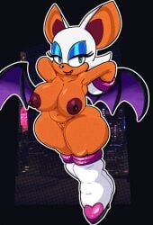 anthro areola bat bat_wings big_breasts big_ears black_nose blue_eyeshadow boots breasts clothing eyelashes eyeshadow female footwear front_view fur genitals gloves green_eyes hands_behind_head handwear hi_res knee_boots knee_highs legwear looking_at_viewer makeup mammal membrane_(anatomy) membranous_wings mschaox6 navel nipples nude orange_body orange_fur pink_areola pink_nipples pubes purple_wings rouge_the_bat sega shoes solo sonic_the_hedgehog_(series) thick_thighs vulva white_body white_boots white_clothing white_footwear white_fur white_gloves white_handwear wide_hips wings