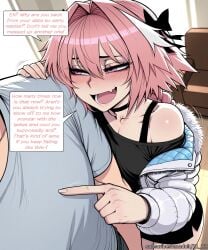 11_22 ai_generated astolfo_(fate) blush braid comic dialogue fang fate_(series) femboy genderswap genderswap_(mtf) half-closed_eyes laughing motion_lines open_mouth pink_hair pointing rule_63 skin_fang smug speech_bubble sweat text