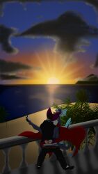 4k 9:16 absurd_res anthro aquatic balcony bat beach butt clothed clothed_sex clothing cloud dress duo face_in_breasts female fish frill_(anatomy) hi_res kicking_legs male male/female mammal nunyahbis sex shark sunset