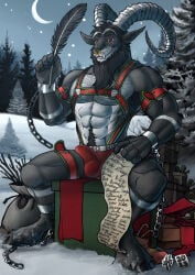 2023 abs ankle_cuffs anthro armpit_hair beard black_armpit_hair black_beard black_facial_hair black_hair black_hooves black_pubes body_hair bottomwear bovid brown_eyes bulge caprine caprine_demon chai chest_hair christmas clothed clothing cuff_(restraint) dated demon detailed_bulge facial_hair facial_piercing front_view fur genital_outline gift goat_demon green_harness grey_body grey_fur hair harness hi_res holding_feather holidays hooves horn hornet_(hornetv2) hufnaar krampus looking_at_viewer male male_anthro mammal moon muscular muscular_anthro muscular_male nose_piercing nose_ring open_mouth outside pecs penis_outline piercing plant pubes red_bottomwear red_clothing red_harness red_underwear restraints ring_piercing septum_piercing septum_ring sitting sky snow snowing solo spread_legs spreading topless tree underwear white_body white_fur white_horn wrist_cuffs
