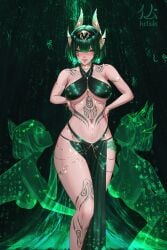 3girls artist_logo artist_name artist_signature artwork_(digital) bare_arms bare_midriff bare_shoulders bare_thighs blush blush_lines blushing body_markings clones dancer_outfit dark_green_background dark_green_hair earrings egyptian genshin_impact gold_jewelry gold_necklace gold_neckwear golden_chains golden_necklace green_clothing green_eyes green_hair green_skin headwear hieroglyphics hotoke_shizuka hoyoverse leg_markings looking_at_another looking_down looking_up_at_another mole_under_eye nefer_(genshin_impact) revealing_clothes shoulder_markings tagme thigh_jewelry