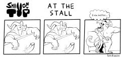2boys anal_sex anthro anthro_on_anthro comic dialogue english_text erection from_behind gay glory_hole looking_pleasured male male/male male_only muscular nude penetration penis size_difference smaller_male spedumon surprised text