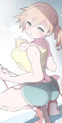 1girl ass asymmetrical_hair bare_arms bare_shoulders blue_eyes blue_shorts blush breasts cleavage crop_top crop_top_overhang denim denim_shorts from_behind hair_tie highres kasumi_(pokemon) large_breasts looking_at_viewer looking_back medium_breasts misty_(pokemon) nintendo orange_hair pokemon pokemon_(anime) pokemon_(classic_anime) ponytail portrait see-through_silhouette shirt shoes short_hair short_shorts shorts side_ponytail silhouette sneakers solo spread_legs squatting suo_(esu) suspender_shorts suspenders sweat tank_top tiptoes yellow_shirt yellow_tank_top