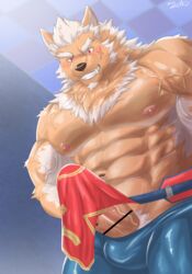 1boy 2021 abs absurd_res anthro biceps black_nose bottomwear canid canine canis clothed clothing demon facial_hair facial_scar fur genitals hi_res humanoid_genitalia humanoid_penis male male_only mammal marchosias_(tokyo_afterschool_summoners) multicolored_body multicolored_fur muscular muscular_anthro muscular_male nipples pecs penis pubes scar signature solo tan_body tan_fur tokyo_afterschool_summoners two_tone_body two_tone_fur vein veiny_penis video_games white_body white_fur wolf zenon_s2017