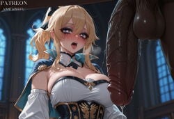1boy 1girl ai_generated artist_name bangs blonde_hair blue_capelet blue_eyes blurry_background blush bow breasts capelet cleavage clothing corset dark-skinned_male dark_skin detached_collar detached_sleeves erection eyeshadow female genshin_impact hair_between_eyes hair_bow heart-shaped_pupils hetero huge_penis indoors interracial jean_(genshin_impact) jean_gunnhildr large_breasts large_penis large_testicles long_hair looking_at_penis makeup male mascara open_mouth penis penis_awe ponytail precum precum_drip runny_makeup saliva saliva_trail sidelocks solo_focus strapless sweat symbol-shaped_pupils tears teeth testicles tongue tongue_out upper_body upper_teeth_only vantawaifu veins veiny_penis very_dark_skin window