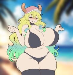1girls background beach beach_background bikini blurred_background blush blushing breasts breasts_bigger_than_head dragon dragon_girl eyes_closed female hair hat horns huge_breasts kobayashi-san_chi_no_maidragon lucoa lucoa_(maidragon) miss_kobayashi's_dragon_maid multicolored_hair quetzalcoatl_(dragon_maid) smile spintopple thick_thighs thighhighs thighs