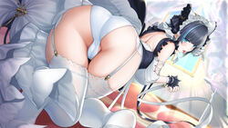 1girls aqua_eyes aqua_hair ass azur_lane black_hair cameltoe cheshire_(azur_lane) eba_uenihane female female_only garter_belt maid multicolored_hair solo stockings thighs underwear white_legwear