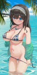 1girls absurd_res beach bikini black_hair blue_bikini blue_eyes blush breasts covered_erect_nipples day female_focus green_jacket hair_between_eyes hairband hand_on_own_chest highres idolmaster idolmaster_cinderella_girls jacket jewelry juu_p large_breasts long_hair long_sleeves looking_at_viewer micro_bikini navel necklace ocean off_shoulder open_clothes open_jacket outdoors plaid_bikini plaid_clothes pussy pussy_peek sagisawa_fumika side-tie_bikini_bottom skindentation sky smile solo stomach strap_gap swimsuit undressing wading wet