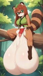 1futa :3 ai_generated animal_ears balls balls_bigger_than_body balls_fetish bangs bare_legs bare_shoulders barefoot big_balls big_balls_small_penis big_breasts bottomless breasts brown_hair covered_penis enormous_balls furry furry_female futanari gigantic_balls green_eyes huge_balls hyper_balls japanese_clothes japanese_clothing japanese_female japanese_futa japanese_mythology kemonomimi large_balls leaf leaf_on_head loincloth loincloth_bulge long_hair oc original_character raccoon_dog scrotum sitting sitting_on_tree sleeveless sleveeless_shirt small_penis solo tail tanuki tanuki_ears tanuki_girl tanuki_tail