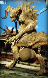 3d_(artwork) absurd_res accessory animal_genitalia animal_penis backsack balls bethesda_game_studios big_balls day deathclaw digital_media_(artwork) fallout feral genitals gesture hi_res horn huge_balls hyper hyper_balls hyper_genitalia ihavetwotwo judis_(fallout_mod_) looking_at_viewer looking_back male microsoft necktie obscured_penis outside painted_horns penis rear_view scalie solo standing waving yellow_eyes