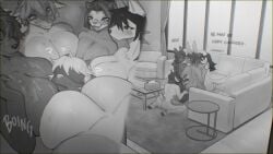 anthro big_breasts biped blush bodily_fluids bovid breast_squish breasts canid canine caprine clothed clothing cloven_hooves detailed_background dialogue fellatio female furniture genitals group group_sex hair hi_res hooves huge_breasts inside kneeling lagomorph leporid male male/female mammal nude oral penile penis ponytail question_mark rabbit sex sincrescent sitting sofa squish sweat text