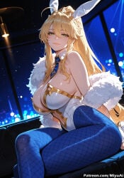 1girl ahoge ai_assisted ai_generated animal_ears artoria_pendragon_(all) artoria_pendragon_(fate) artoria_pendragon_(swimsuit_ruler) artoria_pendragon_(swimsuit_ruler)_(fate) bangs bare_shoulders blonde_hair blue_legwear blue_neckwear blush braid breasts bunny_ears bunnysuit cleavage curvaceous curvy curvy_female curvy_figure detached_collar fate_(series) feather_boa female fishnet_legwear fishnets french_braid green_eyes hair_between_eyes highleg highleg_leotard large_breasts leotard long_hair looking_at_viewer miyuai navel_cutout necktie pantyhose ponytail sidelocks sitting smile solo thick thick_ass thick_butt thick_hips thick_legs thick_thighs thighs voluptuous voluptuous_female white_leotard wide_hips wide_thighs wrist_cuffs