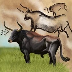 1:1 2021 agustindiazart ambient_bird animal_genitalia aurochs balls black_body black_fur bovid bovine brown_body brown_fur cave_painting feral fully_sheathed fur genitals grass hi_res horn male male_feral mammal nature outside plant quadruped recently_extinct_species sheath short_fur side_view solo standing