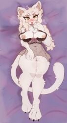 3_toes 4_fingers anthro areola arm_on_leg bedding bedroom bedroom_clothing belly belly_tuft big_breasts big_butt black_clothing blanket blonde_hair blue_bow blue_clothing blush blush_lines bodily_fluids bottomwear bow_ribbon breasts butt claws cleavage clothed clothed_anthro clothed_female clothing clothing_lift curly_hair curvy_figure dakimakura dakimakura_design eyelashes eyes_mostly_closed fan_character feet felid female fingers fluffy_belly fur genitals glistening glistening_genitalia glistening_vulva green_eyes greengirdle hair hi_res inviting khajiit lingerie long_hair looking_at_viewer mammal mature_anthro mature_female microsoft mostly_nude narrowed_eyes nightgown open_mouth paws pink_areola purple_background purple_blanket simple_background skirt skirt_lift solo sweat sweatdrop tail the_elder_scrolls thick_thighs tired tired_eyes toes tuft underwear vulva white_arms white_belly white_body white_hair white_tail