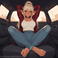 1girl 1girls ai_generated bangs blonde blonde-haired_female blonde_female blonde_hair blush boobs breasts breasts, camel_toe cameltoe cleavage clothed clothed_female curvy dark-skinned_female dark_skin ecchipeachi elf elf_ears elf_female elf_girl female female_focus female_only focus fringe fully_clothed large_breasts long_hair nipples nipples_covered nipples_visible_through_clothing ponytail pussy sfw solo solo_female solo_focus sweat tan_body tan_skin tanned tanned_female tanned_skin teeth tight_clothes tight_clothing uncensored