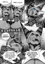 absurd_res anthro arcsuh bite blue_eyes comic dialogue duo english_text female hi_res incest_(lore) licking licking_lips lizzy_(arcsuh) lynn_(arcsuh) male male/female slap teeth text tongue tongue_out