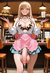 ai_generated bra cum_in_cup evil_smile flaccid futanari huge_penis huge_testicles kitagawa_marin miniskirt nail_polish penis tray unbuttoned_shirt waitress