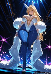 1girl ahoge ai_assisted ai_generated animal_ears artoria_pendragon_(all) artoria_pendragon_(fate) artoria_pendragon_(swimsuit_ruler) artoria_pendragon_(swimsuit_ruler)_(fate) bangs bare_shoulders blonde_hair blue_legwear blue_neckwear blush braid breasts bunny_ears bunnysuit cleavage curvaceous curvy curvy_female curvy_figure detached_collar fate_(series) feather_boa female fishnet_legwear fishnets french_braid green_eyes hair_between_eyes high_heels highleg highleg_leotard large_breasts leotard long_hair looking_at_viewer miyuai navel navel_cutout necktie pantyhose ponytail smile solo strapless thick thick_ass thick_butt thick_hips thick_legs thick_thighs thigh_strap thighs torn_legwear voluptuous voluptuous_female white_footwear white_leotard wide_hips wide_thighs wrist_cuffs yellow_eyes
