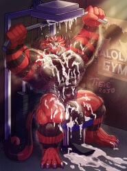 1397_david armpit armpit_hair armpits balls bara barazoku body_hair cum exercise flaccid furry hairy incineroar male male_only muscles muscular musk nintendo nude penis pokemon sitting solo solo_male spread_legs sweat sweating tiger
