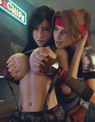 2girls 3d areolae batesz big_breasts black_hair blender breast_fondle breast_grab breast_worship breasts brown_hair female female_only final_fantasy final_fantasy_vii final_fantasy_vii_remake from_behind headband jessie_rasberry large_breasts latina latina_female lesbian lesbian_focus lesbian_pleasure looking_at_viewer navel nipples ponytail shirt_up smile suspenders tifa_lockhart yuri