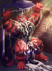 1397_david armpit armpit_hair armpits balls bara barazoku body_hair cum exercise flaccid furry hairy incineroar male male_only muscles muscular musk nintendo pantsless penis pokemon sitting solo solo_male spread_legs sweat sweating tank_top tiger
