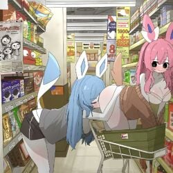 2girls animated animation anthro blue_hair blush bottomless bottomless_anthro bottomless_female doremifaso64 female female_focus female_only food looking_at_partner market oreo pink_hair pringles pringles_can r.e.p.o. rimming semibot shopping_cart supermarket tagme tail video white_body white_fur yuri