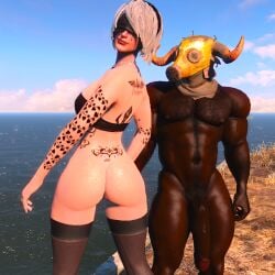 1girl 2b_(nier:automata) bbc big_penis blacked blindfold dark-skinned_male dark_skin female female_focus female_only flaccid flaccid_penis hair hairband interracial light-skinned_female light_skin lipstick looking_at_viewer male/female mask masked_male medium_hair muscular_male necklace penis pose public qos qos_tattoo queen_of_spades red_lipstick smile_at_viewer tattoos thick thighhighs topwear white_hair yorha_2b